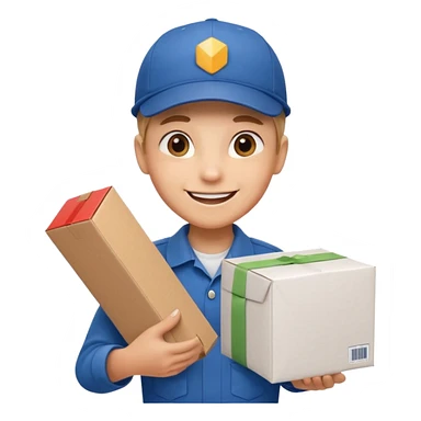  delivery worker holding a cardboard package. Wearing a cap and uniform shirt, smiling expression. Rounded, glossy, smooth, soft shadows, white background.




 sticker