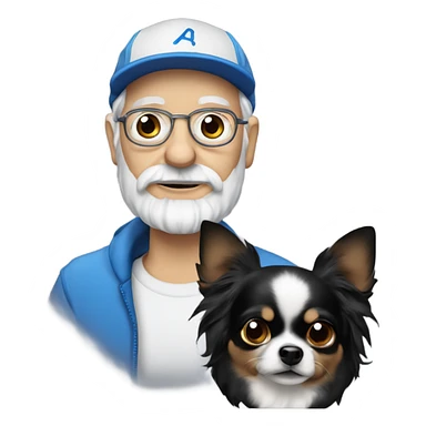 Old man with ‘blue eyes’ goatee beard ball cap holding black long haired chihuahua sticker
