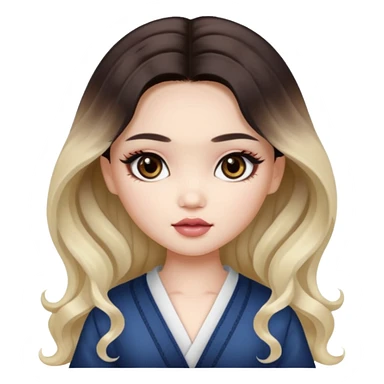 pale skin, girly bratz ASIAN vietnam baddie, dark brown eyes, pretty makeup, long dark to light ombré colored hair, wavy hair sticker