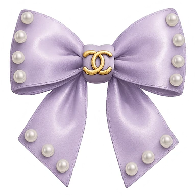 Remove the background, keep only the elegant bow with pearls and gold Chanel logo, glossy, pastel colors, realistic style, with no background. purple sticker