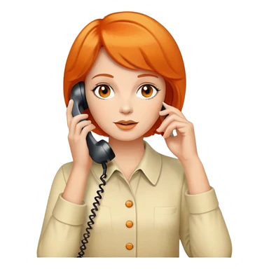 Please create an upper body emoji of a woman with short orange hair talking on a white phone from the 70s. sticker