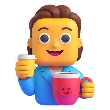 Transform the character into a UI designer in the same 3D emoji style. Surround her with colorful UI elements such as buttons, sliders, and windows, while maintaining her friendly expression and coffee cup. sticker