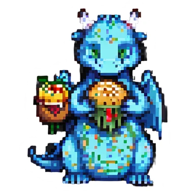 a dragon eating a cheeseburger, pixel art style sticker
