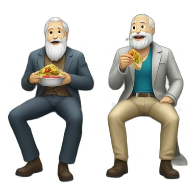 two old beard men eating shawarma on a bench on a park sticker