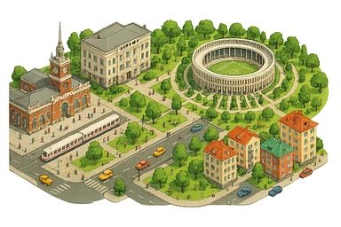 Изометричная миниатюрная фотореалистичная 3D модель панорамы Краснодара - вокзал Краснодар, КубГМУ, парк Краснодар со стадионом, краснодарские дома, автотранспорт четкие линии, яркие цвета, мультяшный реализм, люди, автотранспорт, компактная композиция, вид сверху в изометрии, прозрачный фон sticker