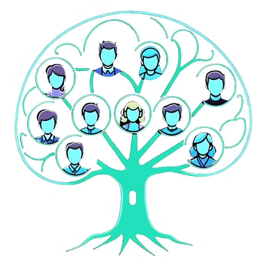 Luminous family tree with glowing portraits and ethereal translucent connecting lines floating in dreamlike space sticker