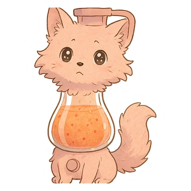 a fluffy fox blender, transparent body with a fruity smoothie inside, sparkling eyes, pastel pink, full-body sticker