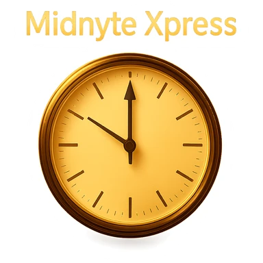 Add a glowing effect around the clock and the text 'Midnyte Xpress', keeping the realistic look and transparent background. Maintain the realistic style and enhance the glow effect around both the clock and the text for emphasis. sticker