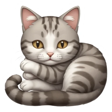 grey and white small cat with its eyes closed lying down with its paw curled and holding up his head sticker