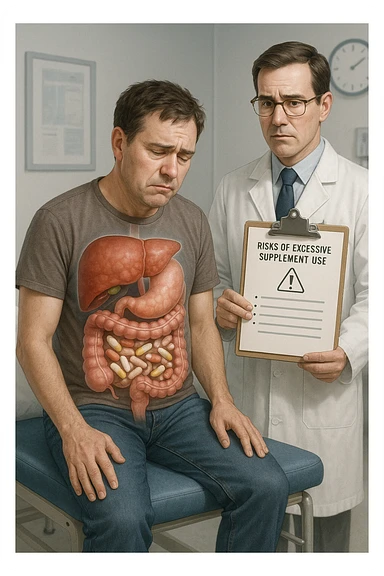 a man sits on a doctor’s examination table, looking fatigued and uncomfortable. A transparent anatomical overlay reveals his liver and intestines, both appearing inflamed and congested, with stylized supplement capsules and pills scattered throughout the digestive tract. The doctor stands nearby, holding a chart that highlights the risks of excessive supplement use. The mood is clinical and educational. in italiano iperrealistica sticker