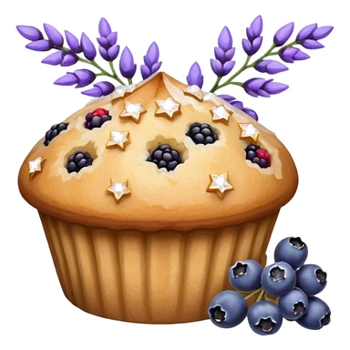 Lavender flower sprig muffin with berries and crystallized sugar sticker