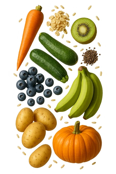 carota, fiocchi di avena, zucchine, kiwi, mirtilli, semi di chia, patate, banane acerbe, zucca, riso fluttuano in aria verticalmente, iperrealistici 4k sticker