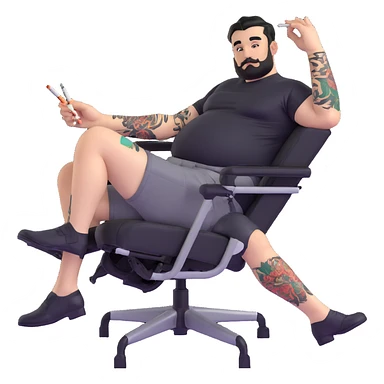 Large man reclining in chair, legs spread showing tattooed left calf, smoking a cigarette, round face, very short black hair, well-groomed beard with small mustache, light skin, black t-shirt with light stripes at top riding up to show belly, black shorts, arms and left calf covered in matching black graphic tattoo patterns sticker