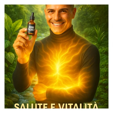 Uomo con il viso del riferimento, tiene una boccetta 'acido fulvico', energia luminosa su addome e pelle, ambiente naturale, elementi di benessere come piante e acqua, atmosfera rigenerante, testo in italiano. sticker