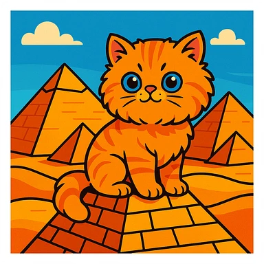 a vibrant cartoon style Persian kitten on an Egyptian pyramid sticker
