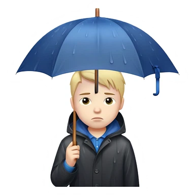 Sad boy standing alone in the rain with an umbrella sticker