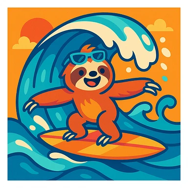 a sloth surfing, vibrant and playful style sticker