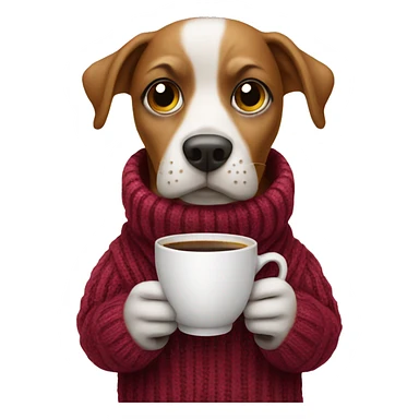 Dog with a cup of coffee wearing a sweater sticker