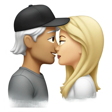 Woman with long blond hair kissing man with short grey hair and a black cap sticker