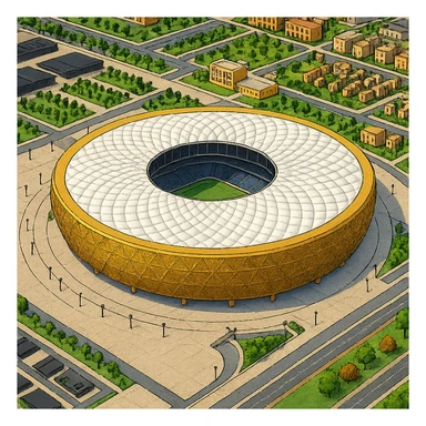 Изометричная, яркая, детализированная и фотореалистичная иллюстрация стадиона Lusail Stadium в стиле 3D-коллажей городов, насыщенные цвета, аккуратные и чёткие линии, мультяшно-реалистичная стилистика. Чёткие контуры, не размазанные линии, высокое качество, прозрачный фон, не обрезать края стадиона. sticker
