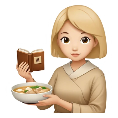 A woman holding a book with samgyetang in front of her in a bowl sticker