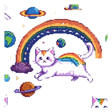 flying cat pooping rainbows in outer space with stars and planets sticker