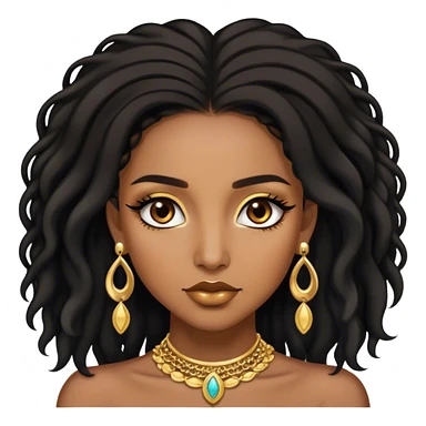 Brown skin women with black shoulder length locks, eyelashes and a lot of gold jewellery  sticker