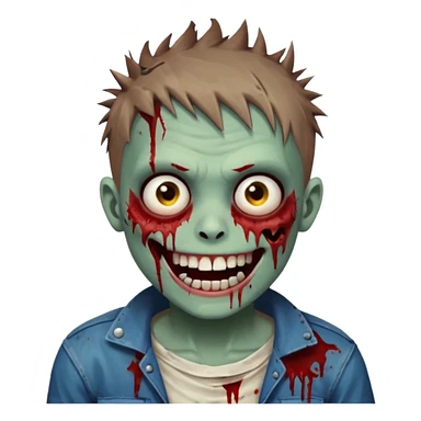 zombie boy with brown short spiky hair, white skin, and white eyes; an open smile, and bloodied teeth; sticker