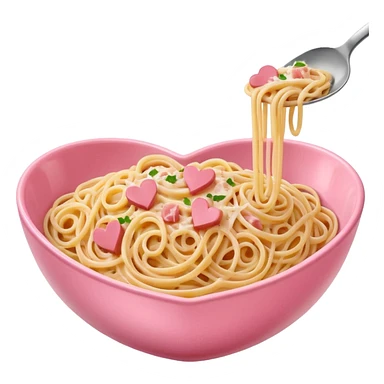 Spaghetti carbonara, in a pink bowl, the bowl should be heartshaped sticker