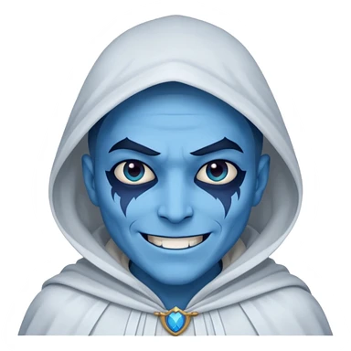 villain smiling with a white cloak, blue skin sticker