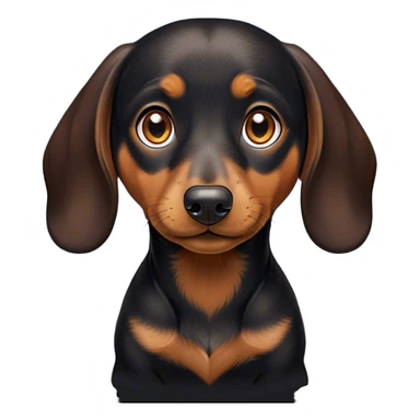 Cinematic Cute black and tan Dachshund Portrait Emoji, Head tilted playfully and inquisitively, featuring a glossy black and tan coat with a sleek sheen, round, sparkling brown eyes filled with curiosity, Simplified yet irresistibly adorable features, highly detailed, glowing with a warm, friendly glow, high shine, affectionate and spirited, stylized with a touch of whimsy, bright and endearing, soft glowing outline, capturing the essence of a mischievous yet loving pup, so playful it feels like it could dash out of the screen and into your arms! sticker
