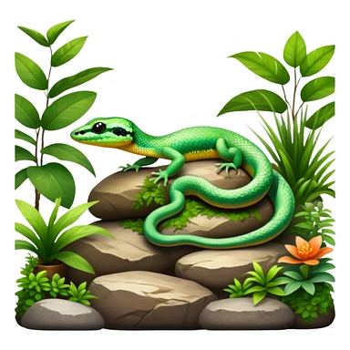 Close-up of a vibrant gecko and a snake coiled on rocks, surrounded by lush greenery and terrarium plants. Soft natural lighting enhances the textures and colors of their scales. Transparent background, with a focus on the reptilian details. sticker