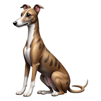 cinematic-[brindle greyhound]-realistic-full-body-sitting-emoji,-tail-resting-loosely-beside-its-paws,-head-tilted-dramatically, -sleek-[brindle]-fur,-simplified-yet-realistic-focused-features,-highly-detailed,-glowing-with-an-almost-sarcastic-glow sticker
