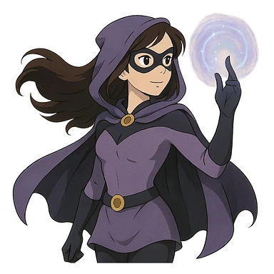 ghibli style superhero woman with soft purple and black costume, magical aura around her hand sticker