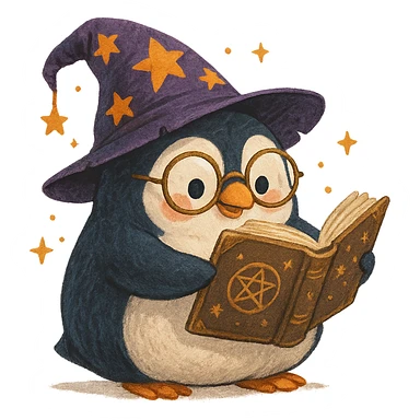 chubby penguin wizard with glasses, reading a spellbook, whimsical and playful style sticker