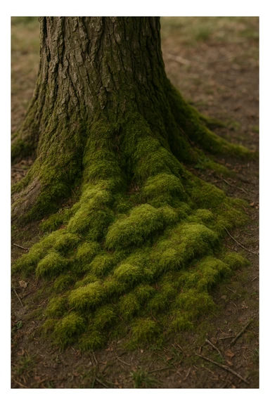 moss growing at the base of a tree, realistic style, soft green textures, earthy tones sticker