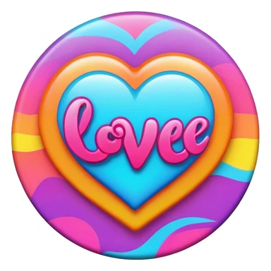 A round psychedelic colored button with love sticker