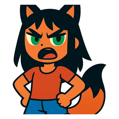 A girl with black fox ears and a tail, green eyes, dark hair, looking angry sticker