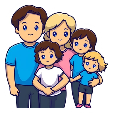 Family portrait with father with dark brown hair and blue eyes, mother with light brown hair and blue eyes, three blonde little girls with blue eyes sticker