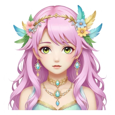Beautiful gorgeous anime lady with beautiful pastel-special-hair, fashion aesthetic, ethereal, fairycore, pastelcore, feather, flower, crystals, accessories, gold jewelries, gold, colorful, gold laurel, gold halo, sticker
