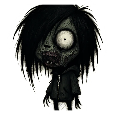 GIR zombie with black long shaggy hair, emo, dark and spooky, creepy face sticker
