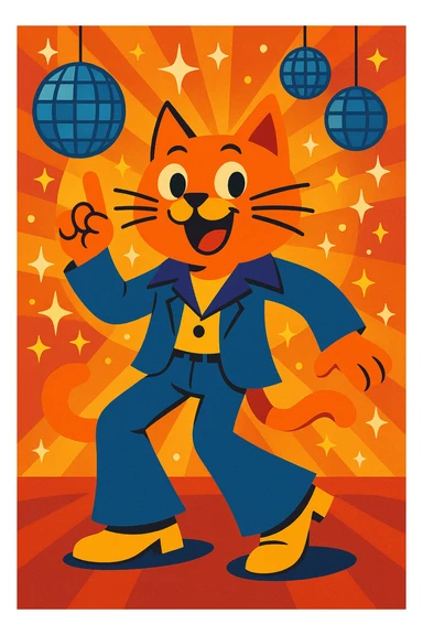 disco cat, 70s style, bell-bottom pants, disco ball background sticker