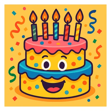 animated birthday cake, vibrant and festive, candles, confetti, cartoon style sticker