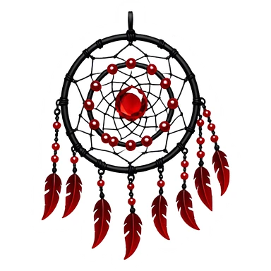 Blood-red, bloody, obsidian-black, edgy, dream catcher, red gemstones, black wires, black threads, tiny white skulls, sticker
