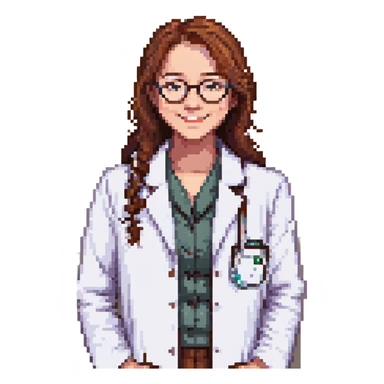 Make Hange Zoe smile with glasses and lab coat in pixel art style with no background. sticker