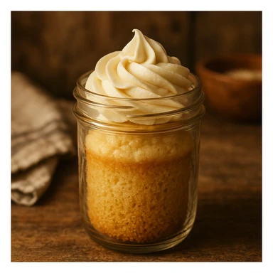 a glass jar with a vanilla cupcake baked inside, golden cake, creamy frosting, cozy and homemade feel sticker