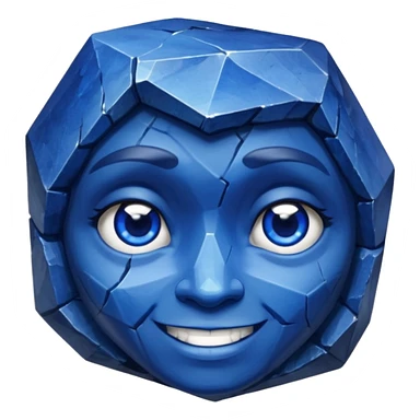 A single sapphire-blue faceted rock head, chunky and worn, with very visible cracks and chipped facets but still shiny, big kind eyes and a confident smile sticker