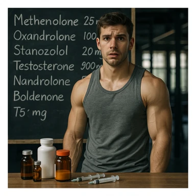 realistic muscular young man in front of blackboard full of molecule names and wrong dosages, lost look, bottles and syringes on table, confused atmosphere, gym background, 4K quality sticker