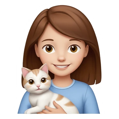 small girl with brown hair holding a white cat, smiling sticker