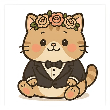 A chubby kitten wearing a tiny tuxedo and a flower crown, in a cute cartoon style sticker